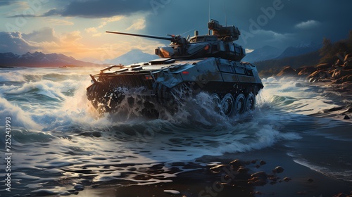 Amphibious assault vehicle emerging from the water onto a beachhead photo