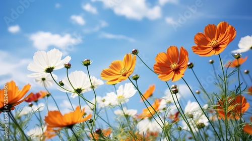 Cosmos flowers against the bright blue sky,generative ai