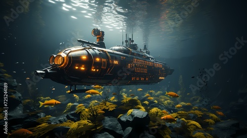 An AI-controlled submarine, patrolling the depths of the ocean, with its sonar systems actively scanning for enemy vessels in a tense underwater standoff © AI