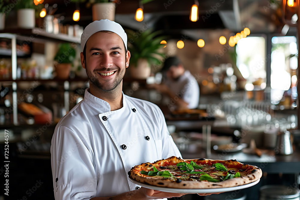 portrait of a happy male chef holding a dish in his hands on the background of a cafe or restaurant portrait of a happy male chef holding a dish in his hands on the background of a cafe or restaurant