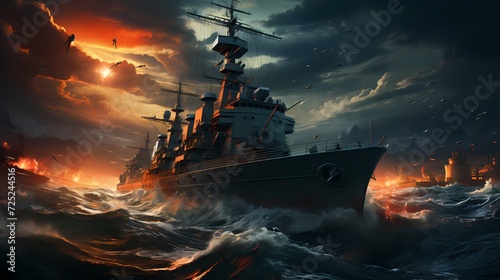 An AI-powered naval fleet, consisting of autonomous warships, sails through stormy seas, ready to respond to any threat with unparalleled coordination photo