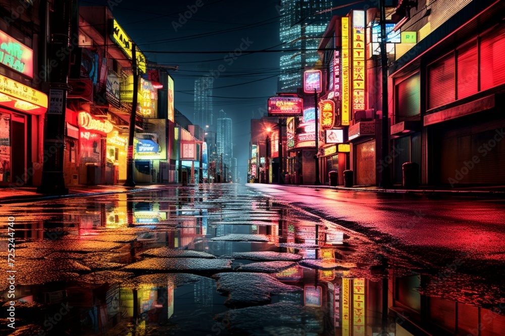 Neon signs reflecting on the wet surface of a deserted urban street, creating a cinematic ambiance after the rain.