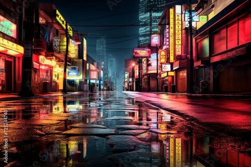 Neon signs reflecting on the wet surface of a deserted urban street, creating a cinematic ambiance after the rain.