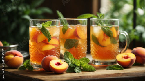 Summer cold tea with peaches and mint. Generative AI.