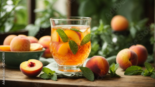 Summer cold tea with peaches and mint. Generative AI.