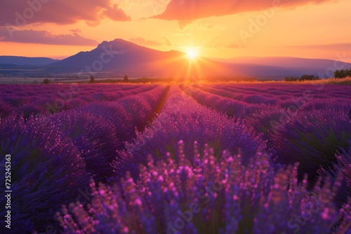 Blooming lavender fields at sunset photo
