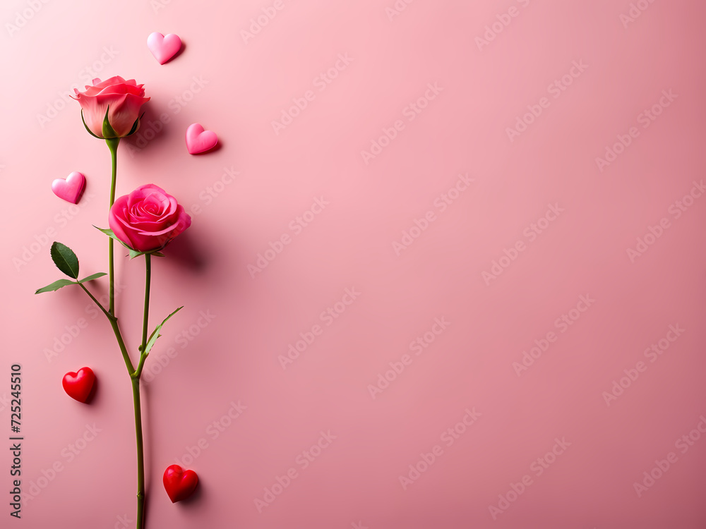 two delicate roses and pink and  and red hearts illustration on a pink background