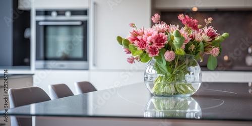 Floral arrangement on table with glass chairs in front of sleek kitchen in modern apartment.