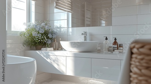 The bathroom is a white square. The washbasin with a pristine white countertop. Generative AI.