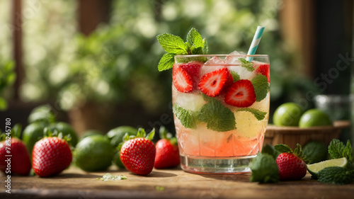 Summer refreshing mojito with strawberry. Generative AI. photo