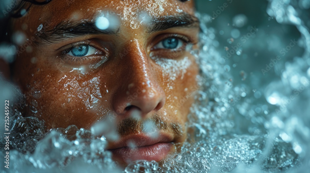 Man relaxing in a tub filled with ice cubes, a Rejuvenating Ice Bath in a Spa, Surrounded by Ice Cubes. Cold water therapy with floating ice cubes. Cold plunge Man relaxing in a tub filled with ice cubes, a Rejuvenating Ice Bath in a Spa, Surrounded by Ice Cubes. Cold water therapy with floating ice cubes. Cold plunge