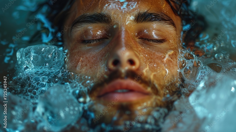 Man relaxing in a tub filled with ice cubes, a Rejuvenating Ice Bath in a Spa, Surrounded by Ice Cubes. Cold water therapy with floating ice cubes. Cold plunge Man relaxing in a tub filled with ice cubes, a Rejuvenating Ice Bath in a Spa, Surrounded by Ice Cubes. Cold water therapy with floating ice cubes. Cold plunge
