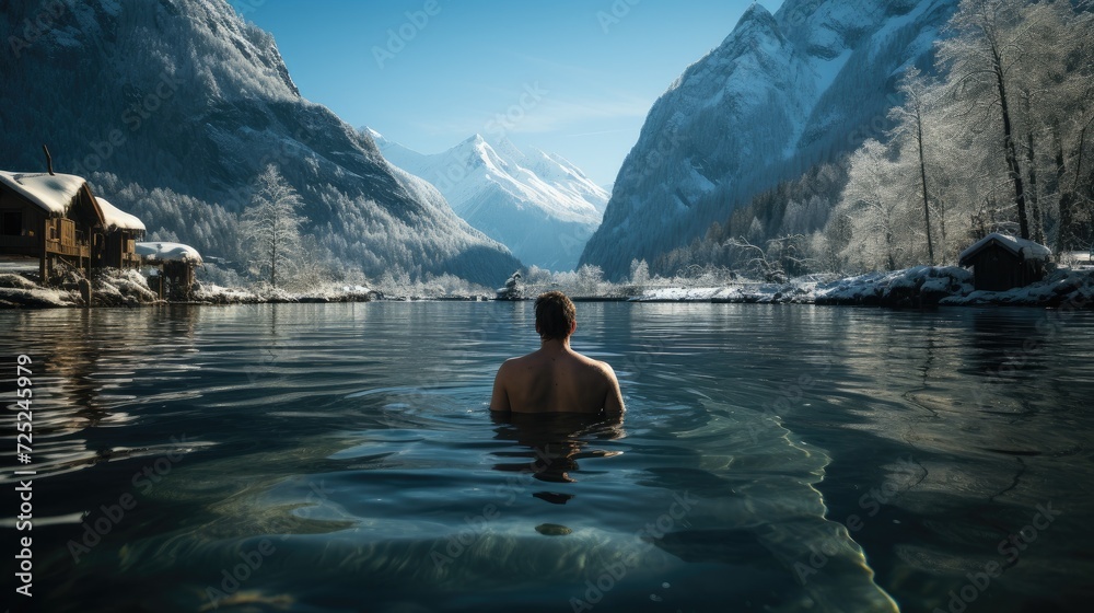  A Revolutionary Cold Plunge Ice Bath. Cold Water Therapy. Male taking ice bath outdoor  cold water of a frozen and snowy lake. 
