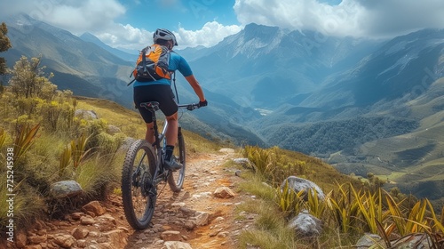 Mountain biker riding on a rugged trail in the high mountains. Generative AI.