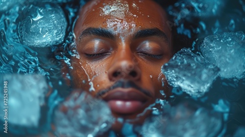 Man relaxing in a tub filled with ice cubes, a Rejuvenating Ice Bath in a Spa, Surrounded by Ice Cubes. Cold water therapy with floating ice cubes. Cold plunge