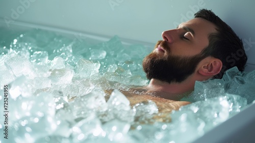Man relaxing in a tub filled with ice cubes, a Rejuvenating Ice Bath in a Spa, Surrounded by Ice Cubes. Cold water therapy with floating ice cubes. Cold plunge