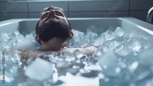 Man relaxing in a tub filled with ice cubes, a Rejuvenating Ice Bath in a Spa, Surrounded by Ice Cubes. Cold water therapy with floating ice cubes. Cold plunge photo