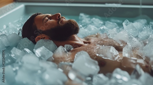 Man relaxing in a tub filled with ice cubes, a Rejuvenating Ice Bath in a Spa, Surrounded by Ice Cubes. Cold water therapy with floating ice cubes. Cold plunge photo