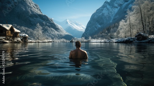  A Revolutionary Cold Plunge Ice Bath. Cold Water Therapy. Male taking ice bath outdoor  cold water of a frozen and snowy lake.  photo