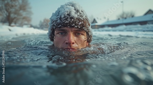  A Revolutionary Cold Plunge Ice Bath. Cold  Therapy. Young man in ice water winter,  hole of a frozen and snowy lake.  © Rodica