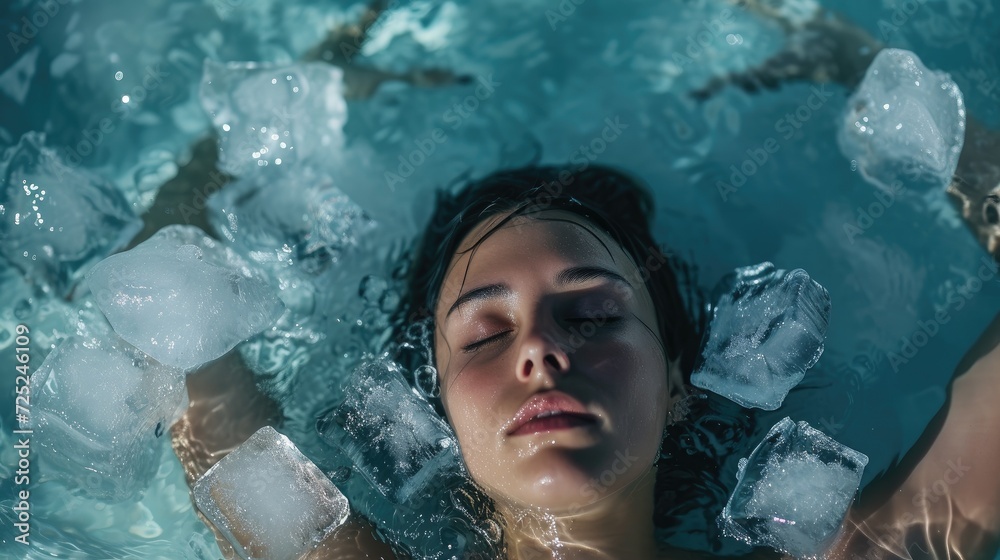 Peaceful young woman in ice therapy at a spa. Cold water therapy in ice bath. Cold plunges - benefits for physical and mental health