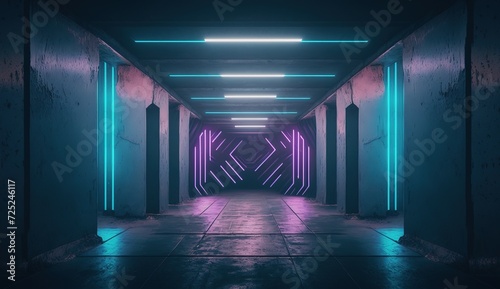 Alien Grunge Futuristic Cyber Sci Fi Modern Concrete Warehouse Corridor Tunnel Studio Stage Underground Hangar Blue Purple Vibrant Lasers Neon Lights 3D Rendering
