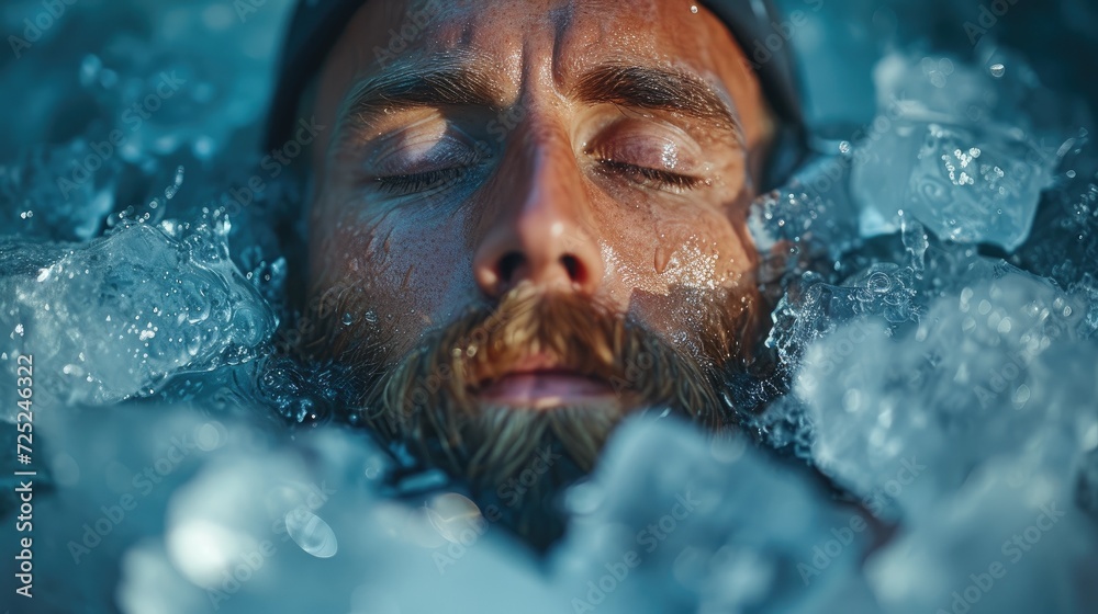 Man relaxing in a tub filled with ice cubes, a Rejuvenating Ice Bath in a Spa, Surrounded by Ice Cubes. Cold water therapy with floating ice cubes. Cold plunge Man relaxing in a tub filled with ice cubes, a Rejuvenating Ice Bath in a Spa, Surrounded by Ice Cubes. Cold water therapy with floating ice cubes. Cold plunge