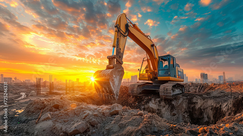 Excavetror working at construction site with underconstruction site background during sunset time, generative ai photo