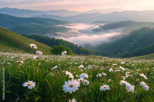 Blooming white flowers in Foggy summer