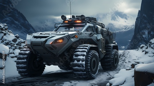 Armored reconnaissance vehicle navigating through a snow-covered landscape © AI