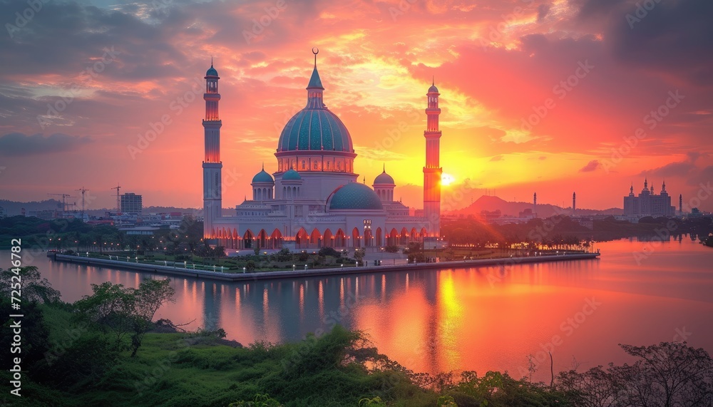 A mosque with a beautiful sunset in the background. The mosque is beautifully lit up and the sunset is casting a warm glow over the entire scene