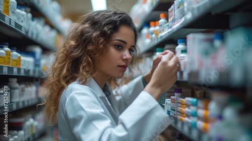 Woman in white coat picking pills out of shelves. Generative AI.