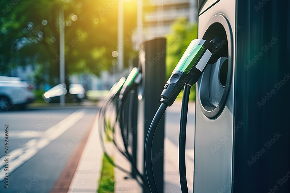 Modern fast electric vehicle chargers for charging car in park Modern fast electric vehicle chargers for charging car in park
