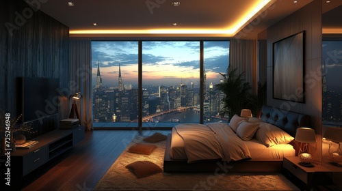 Simple dark bedroom with big windows with city screen. Generative AI.