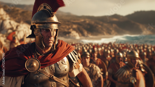 A muscular Roman Centurion stands in front of a vast Roman army on the beach, preparing for battle. photo
