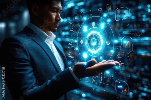 Intelligence and Automated machine learning language blue digital user interface with businessman hand background. Cybersecurity computer vision metaverse twin drive business. Generative AI.