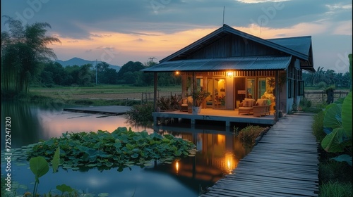 Small cement house There is a vegetable pond and kitchen garden. Evening view of rural Thai provinces. Generative AI. photo