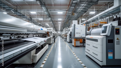 The production floor of a big digital printing company with large print machines printing packaging designs. Generative AI.