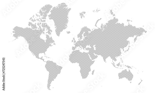 Grey hexagon geometric shapes on world map. Vector Illustration.