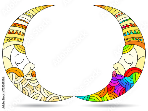 A set of stained-glass illustrations with moons with faces,  on a white background isolates