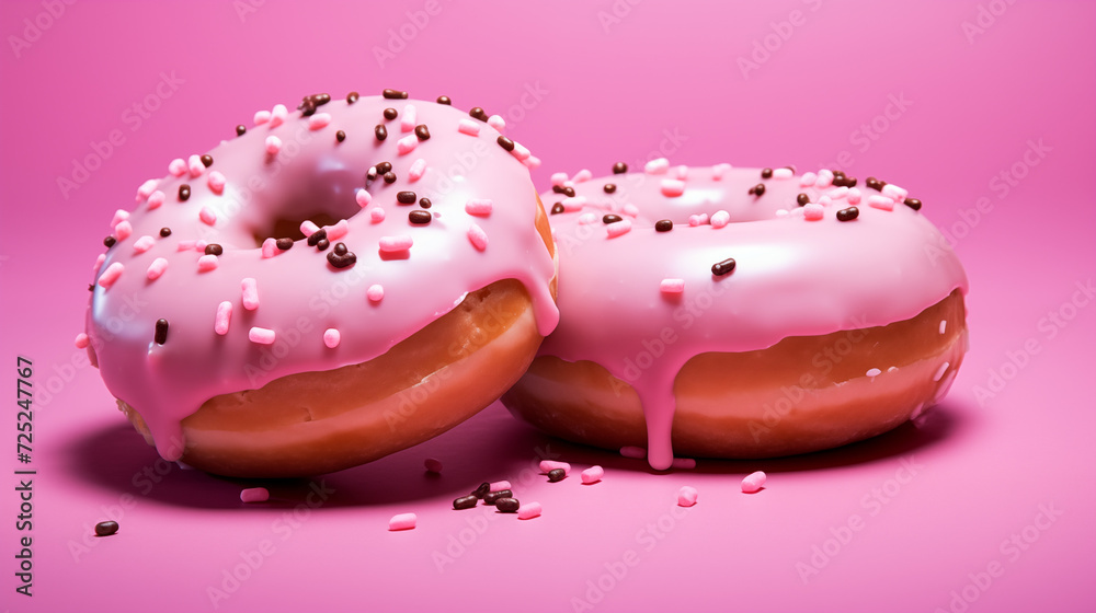 two pink doughnuts on a pink background