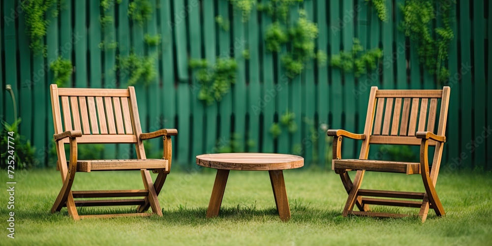 Outdoor wooden furniture on a green blurry backdrop. Outdoor wooden furniture on a green blurry backdrop.