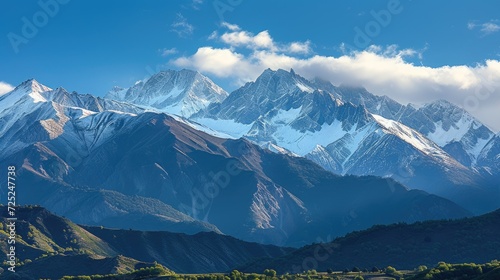 Mountain landscape of snow-capped mountains.