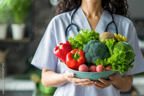 Healthy food for heart, diet concept. Doctor holding bowl with vegetables photo