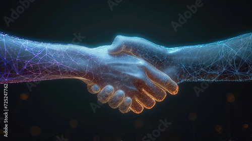 Handshake, Two wire-frame glowing hands, technology, business, trust concept. Generative AI.