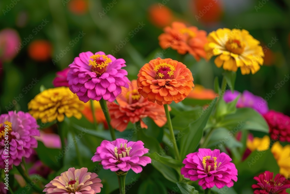 In a flower bed in a large number various zinnias grow and blossom. In a flower bed in a large number various zinnias grow and blossom.