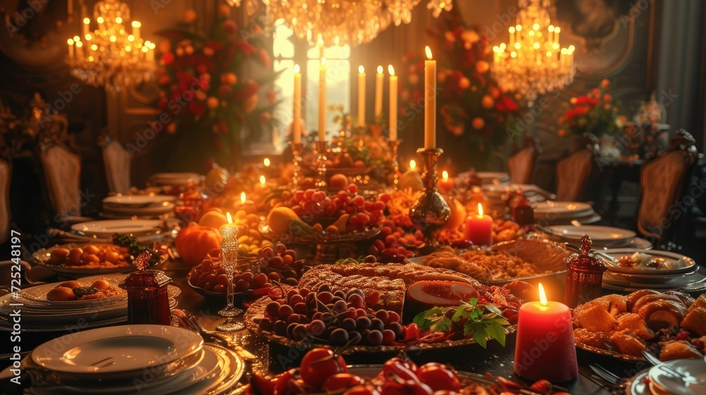 The banquet table is aglow with radiant food and decor. Generative AI.