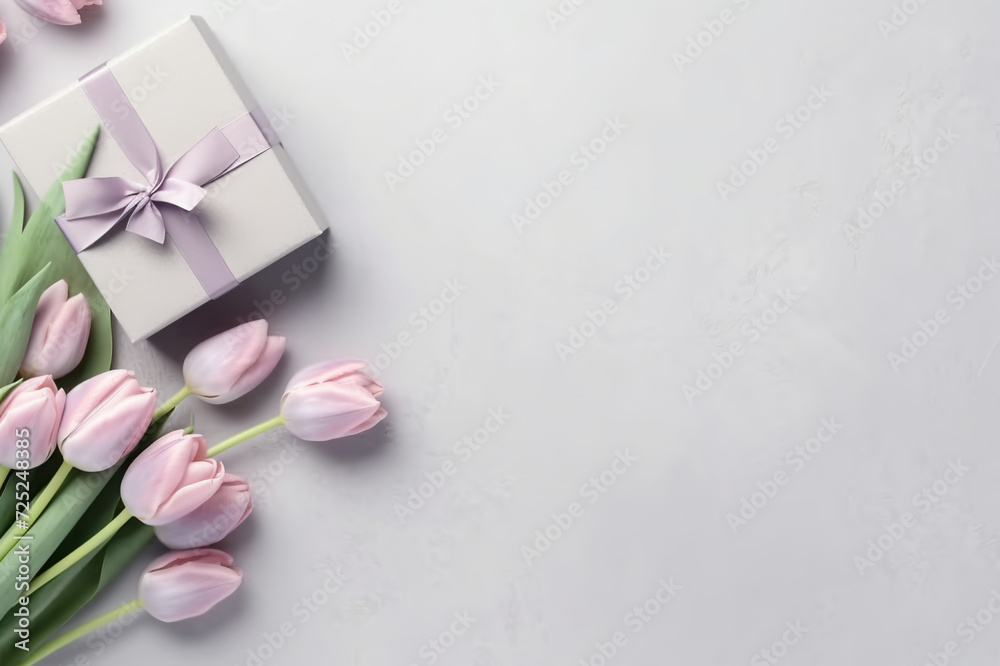 Delicate Purple Tulips and Gift Box, an Ideal Website Backdrop or March 8 Women's Day Postcard, Evoking Grace and Sophistication on a White Canvas. Space for Your Text Delicate Purple Tulips and Gift Box, an Ideal Website Backdrop or March 8 Women's Day Postcard, Evoking Grace and Sophistication on a White Canvas. Space for Your Text