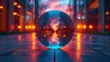 A holographic shape that looks like a sphere and reflects the surrounding environment