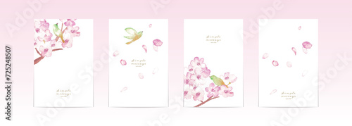 水彩画の桜イラスト。桜とうぐいすの和風ベクターデータ。春の桜柄はがきテンプレート。Watercolor illustration of cherry blossoms. Japanese style vector data of cherry blossoms and Japanese nightingale. Spring cherry blossom pattern postcard temp